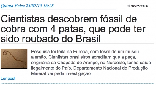 Cientistas descobrem fóssil de cobra com 4 patas, que pode ter sido roubado do Brasil